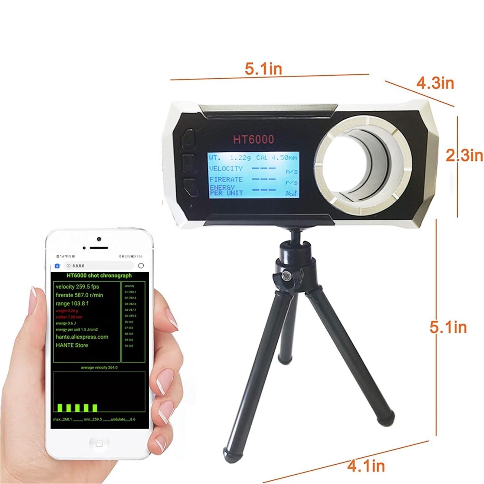 Cronógrafo HT6000 con pantalla LCD, velocímetro de disparo, pistola de aire comprimido, probador de aplicación for paintball(WiFi version)