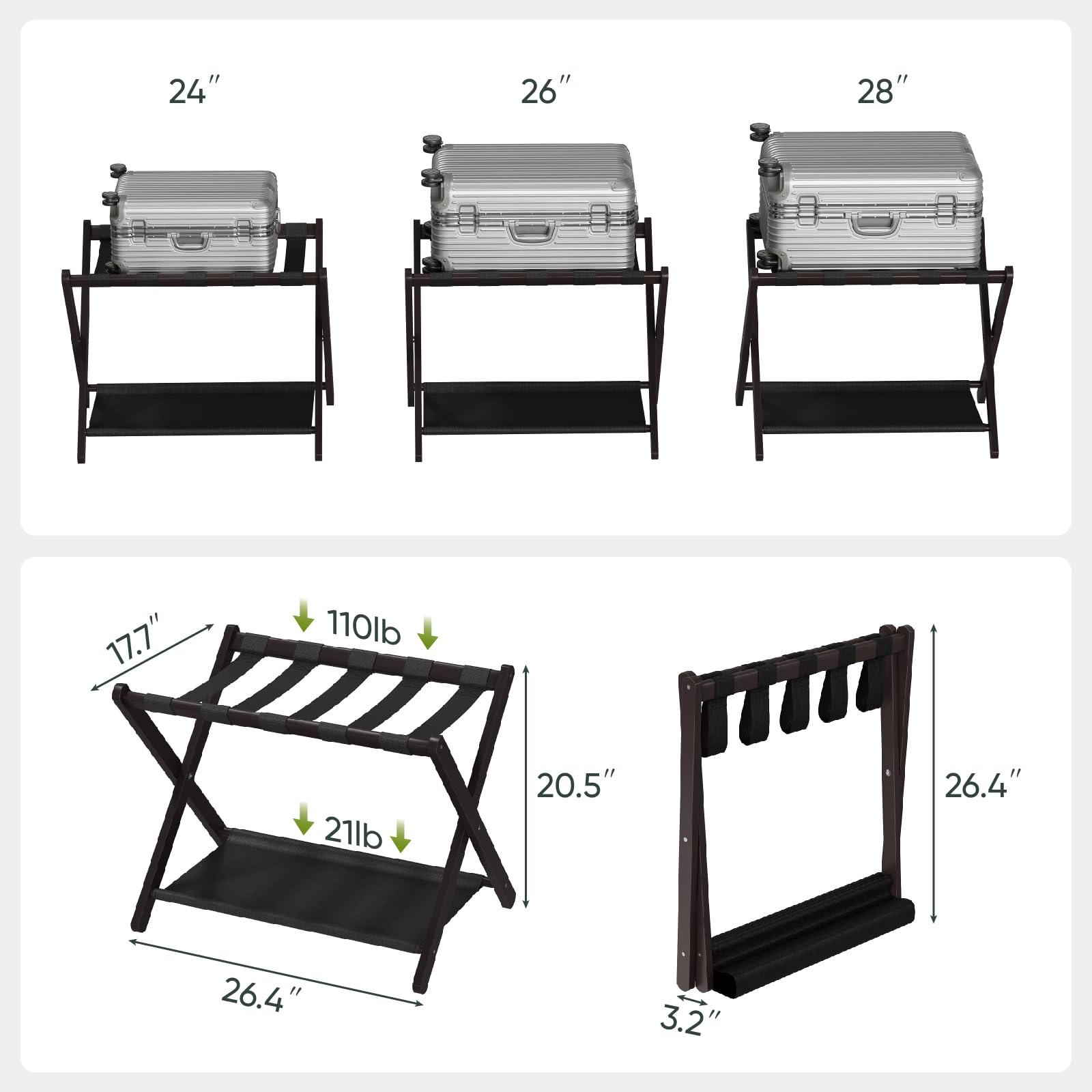 Semiocthome Kofferständer, 2er-Set, Faltbarer Gepäckträger aus Bambus mit Ablage für Gästezimmer, Schlafzimmer, Hotel, HBT: 52 x 67 x 45 cm - Braun