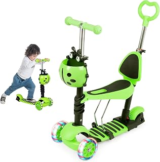 5-in-1 Kids Scooter, 3 Wheels Scooter Kick Scooter with Adjustable Removable Seat and Push Handle, Lightweight Toddler Scooter with Flashing Led Light Up Wheels for Boys Girls