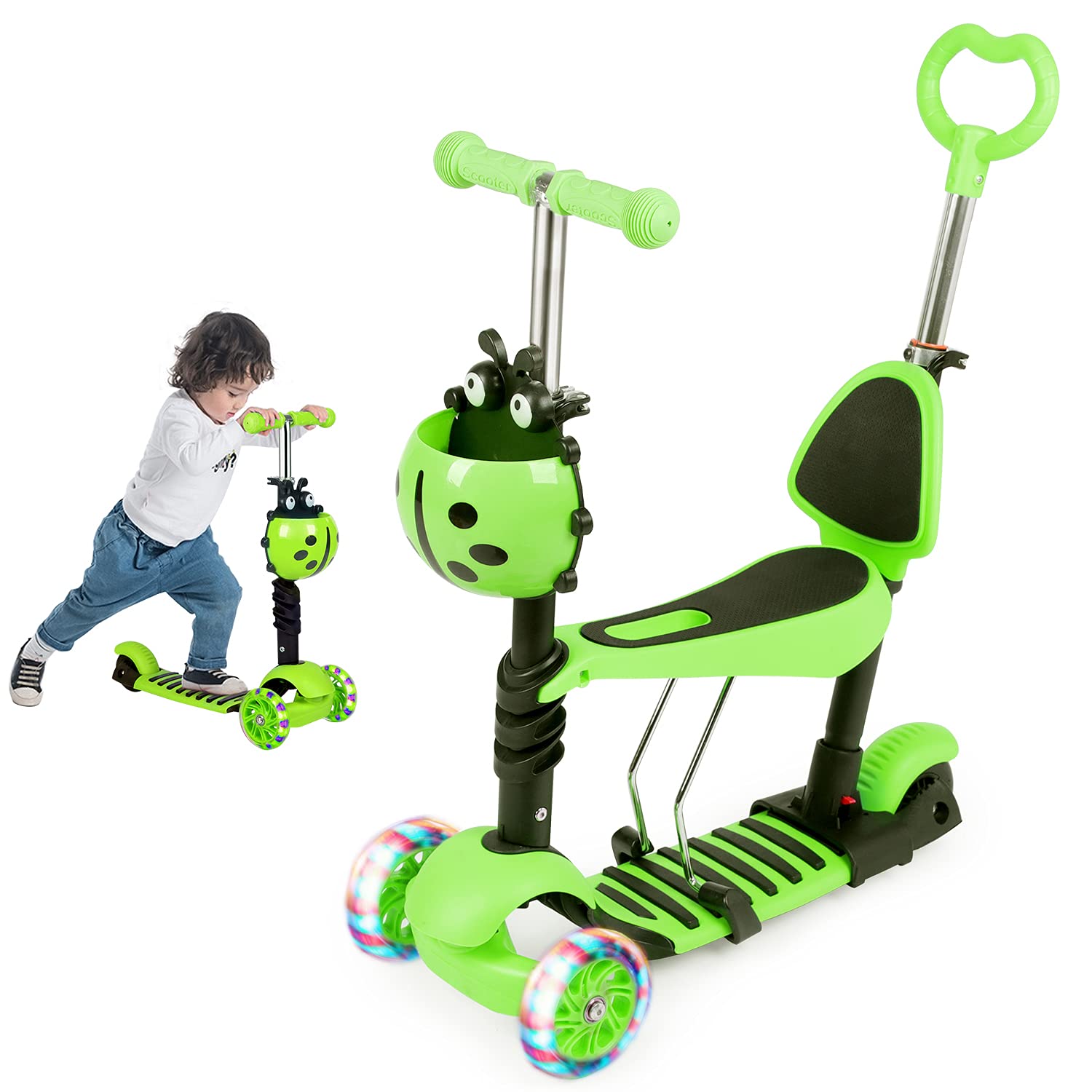 Birtech Kids Kick Scooter 3 Wheels Scooter for Toddler with Adjustable Removable Seat and Push Handle Toddler Scooters with LED Flashing Light Up Wheels for Boys Girls (Green)