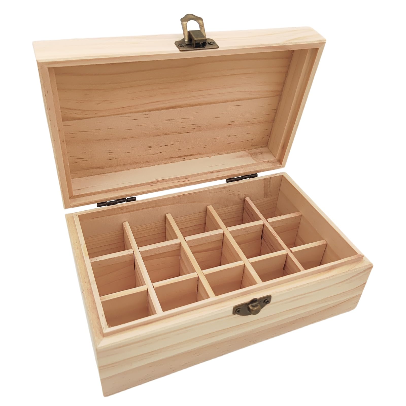 Anktily Unfinished Wooden Storage Organizer Box with 15 Compartments, 18.5 x 11.5 x 7.5 cm Unpainted Wood Case Box with Clasp for Small Keepsakes, Jewellery, Tea Bag Holder Case — image 1