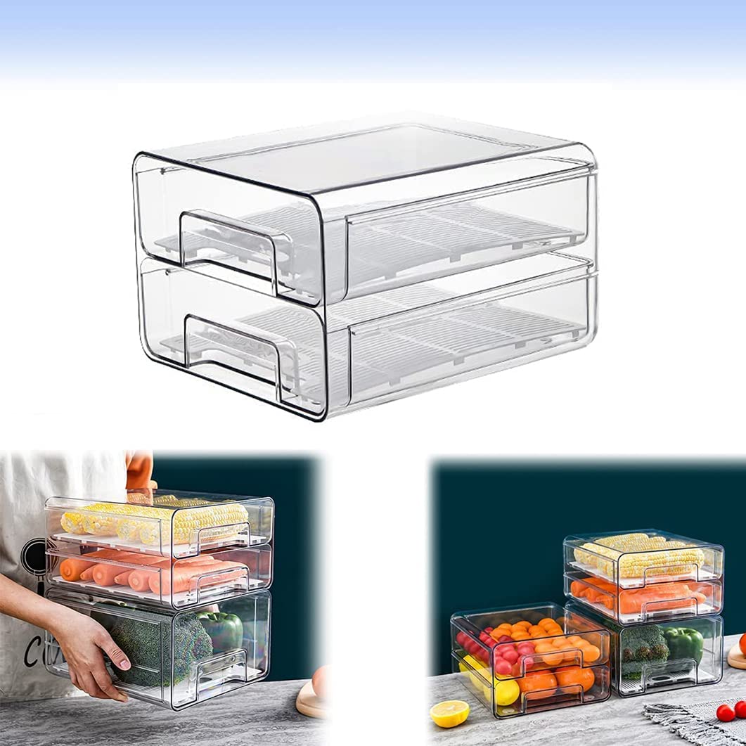 Refrigerator Drawers Organizer,ANTOLE Clear Plastic Stackable Refrigerator Organizer Bins,Pull Out Fridge Shelf Egg Holder Storage Box,Food Storage Containers for Kitchen,Fridge,Cabinet (2 Tiers)