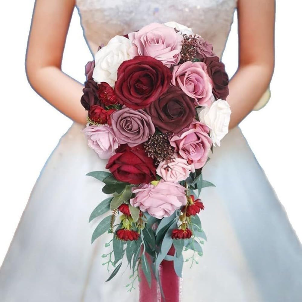 Bouquet da sposa in seta, 50 cm, realizzato a mano, colore: rosso