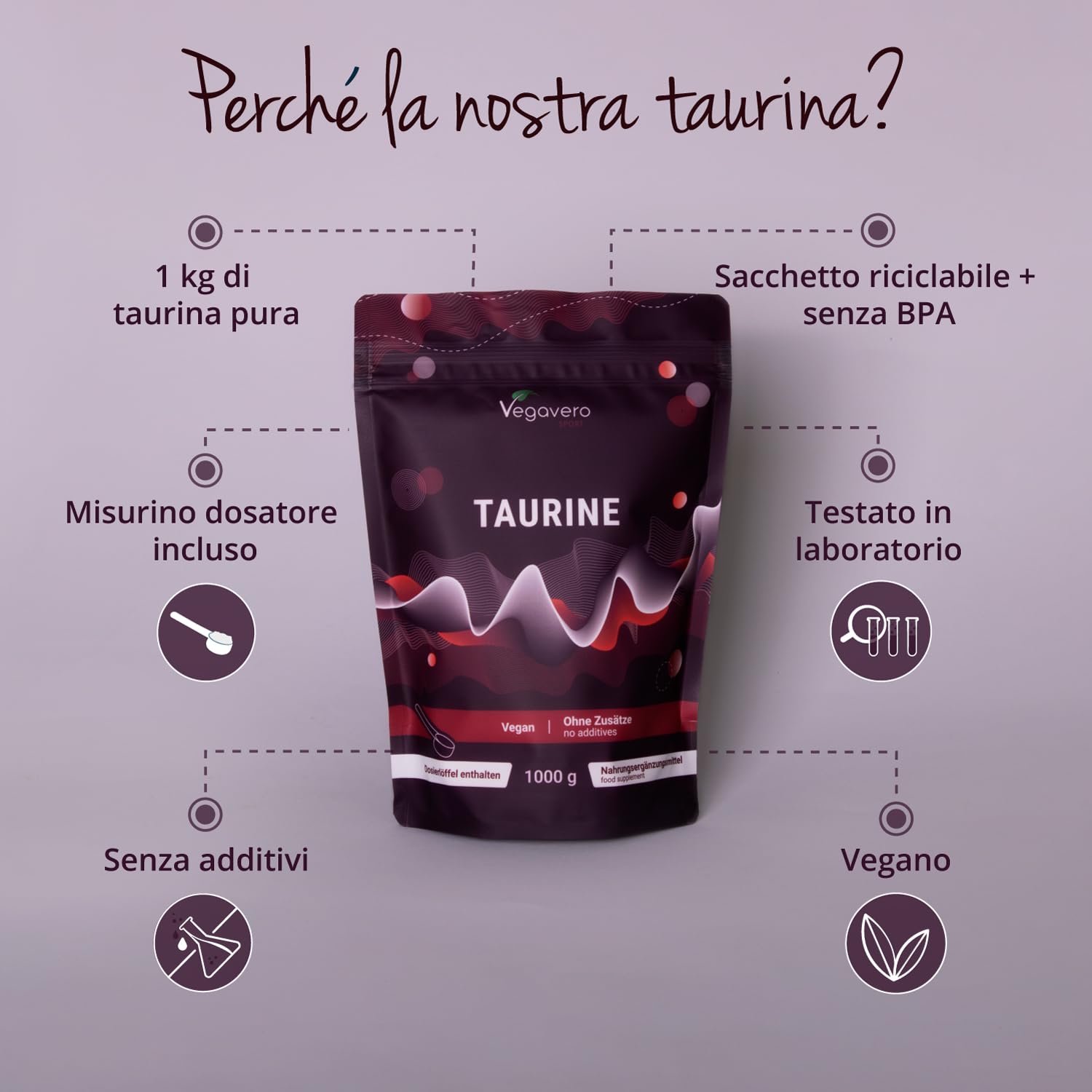 Taurina in Polvere | 1 Kg | 3000 mg per Dose Giornaliera | Integratori Sport Pre e Post Workout | Energizzante Altamente Dosato | Vegan | Senza Additivi | Vegavero®