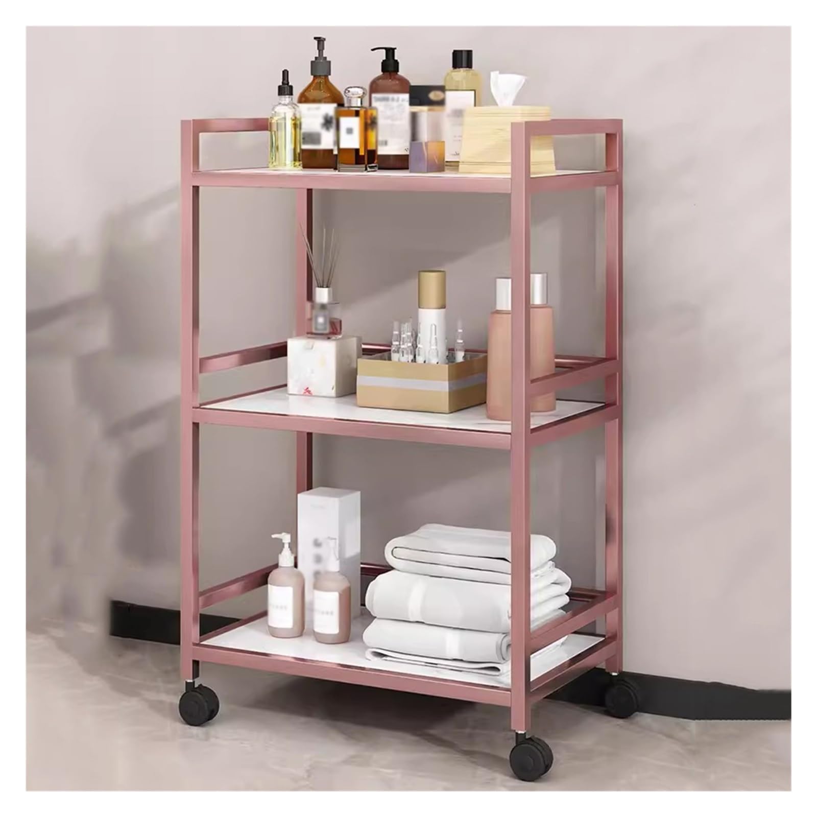 Carrito utilitario rodante de 3 niveles con ruedas, construcción de metal, fácil de mover y duradero, para almacenamiento y servicio, para salón de belleza y spa