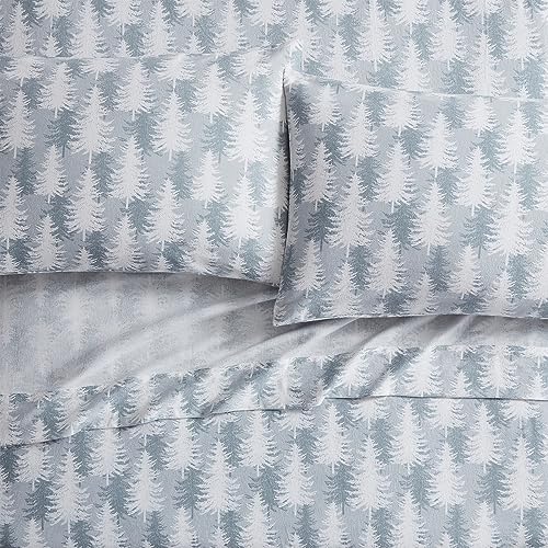Image of Tahari Home - King Sheets, 4-Piece Cotton Flannel Bedding with Matching Pillowcases, Brushed for Extra Softness, Cozy Home Decor (Tree Gray, King)