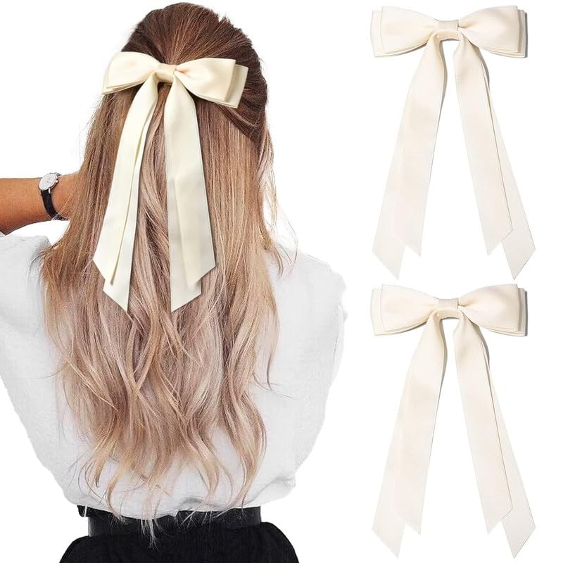 Shidara 2 Pieces Silky Satin Hair Bows Beige Hair Ribbon Hair Accessories Ponytail Clips Metal Hair Bows for Women Girls Toddlers Teens Kids