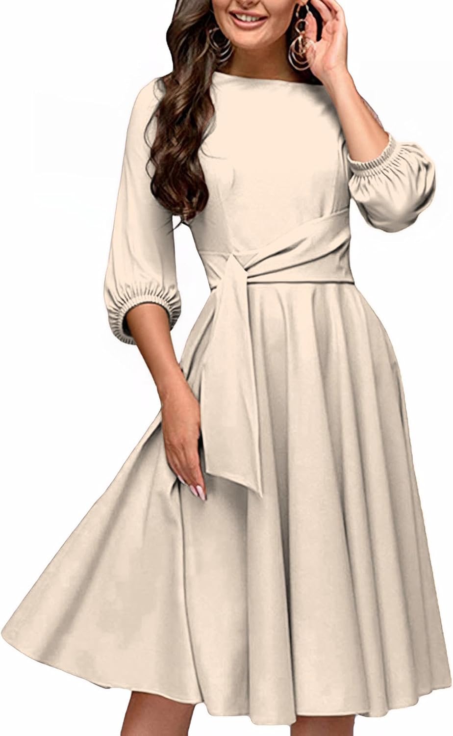 FENJAR Women's Formal Dresses Casual Wedding Guest Church Work Elegance Audrey Hepburn Style A-line Midi Dress - Image 3