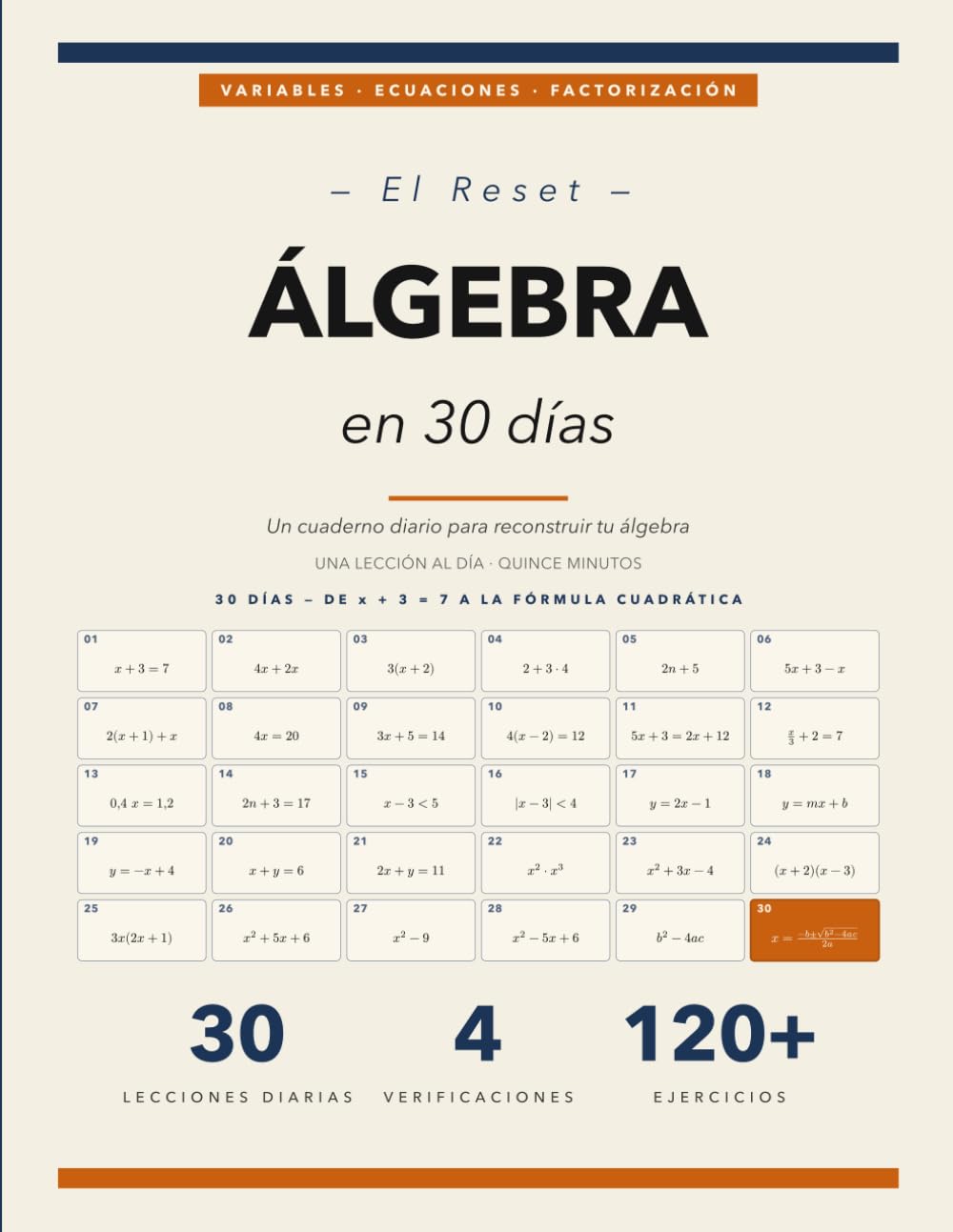 El Reset de Álgebra en 30 Días: Un Cuaderno Diario para Reconstruir tu Álgebra en 30 Lecciones de Quince Minutos
