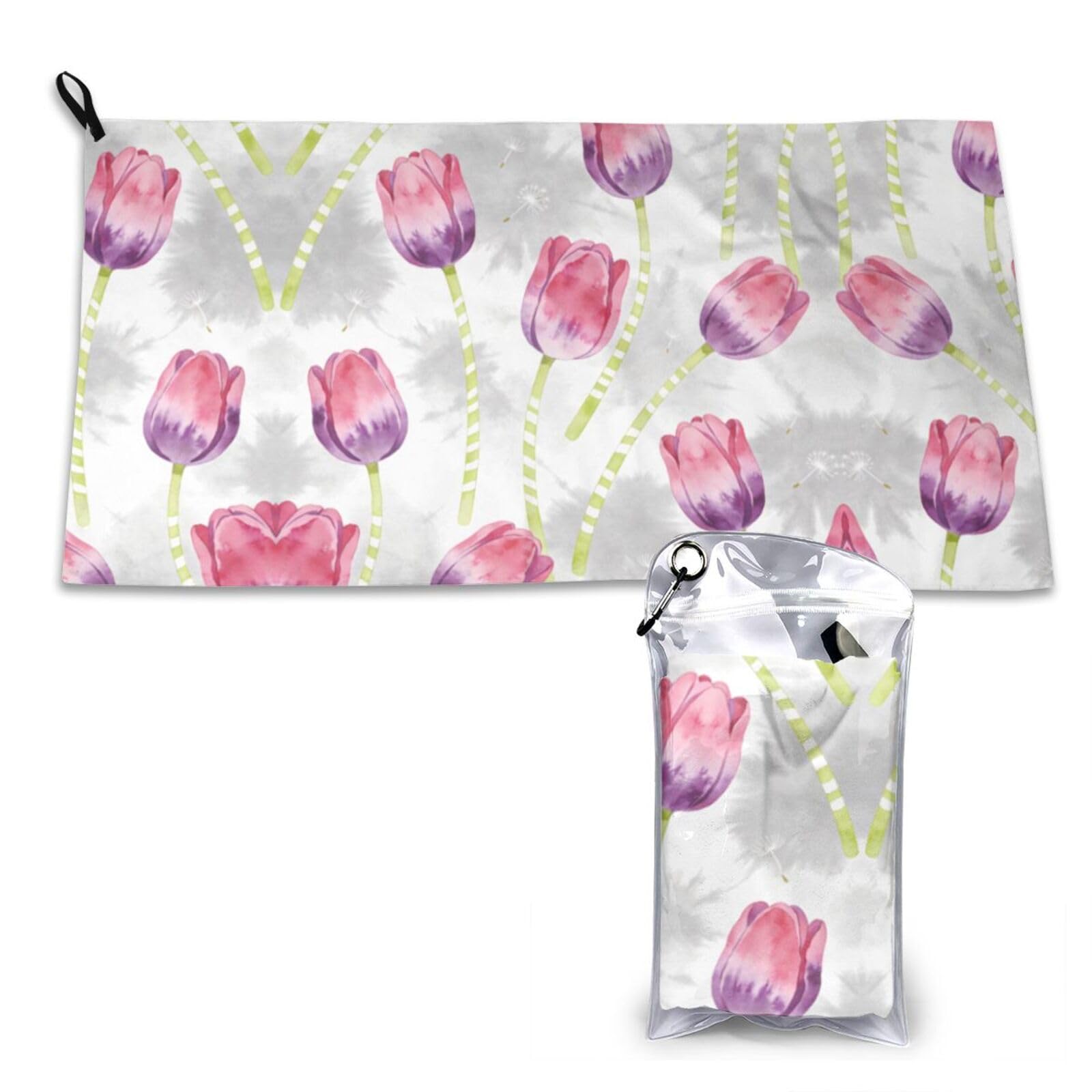 Watercolor Tulip & Dandelion Pattern Print Quick Dry Towel 16x31.5in White