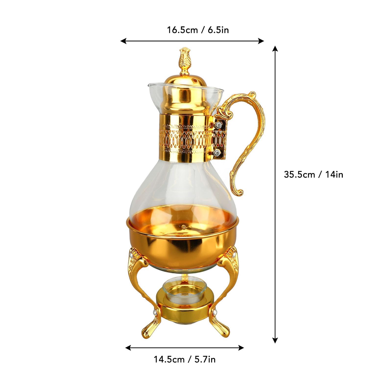 Glas-Set, Glas-Kaffeekanne, Glas- mit Stövchen, türkische, Vintage-Stil, Teekessel, klare Glas- mit Deckel und Tasse (Gold)