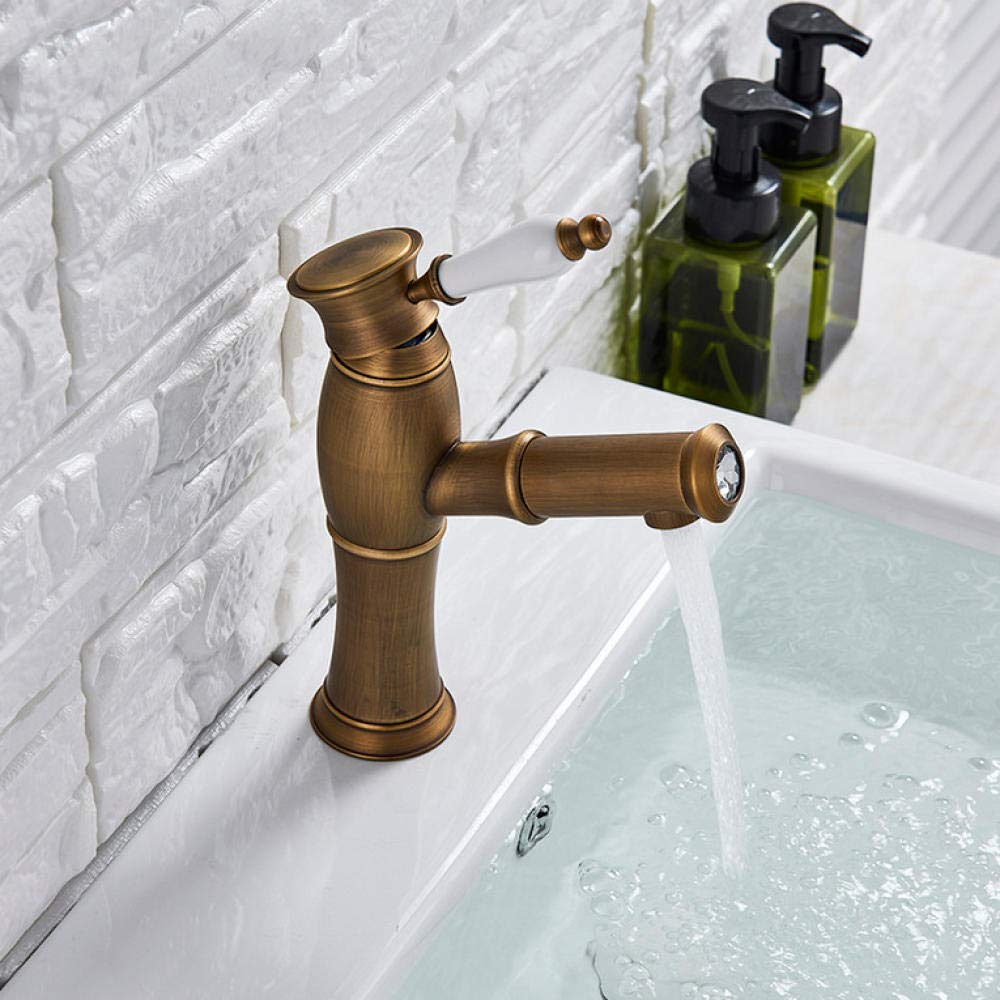 Latón antiguo Extraíble Grifo del fregadero de la cocina Montura en la cubierta Grifería monomando Lavado Grifo de lavabo Grifo de cerámica simple Grifo caliente y frío