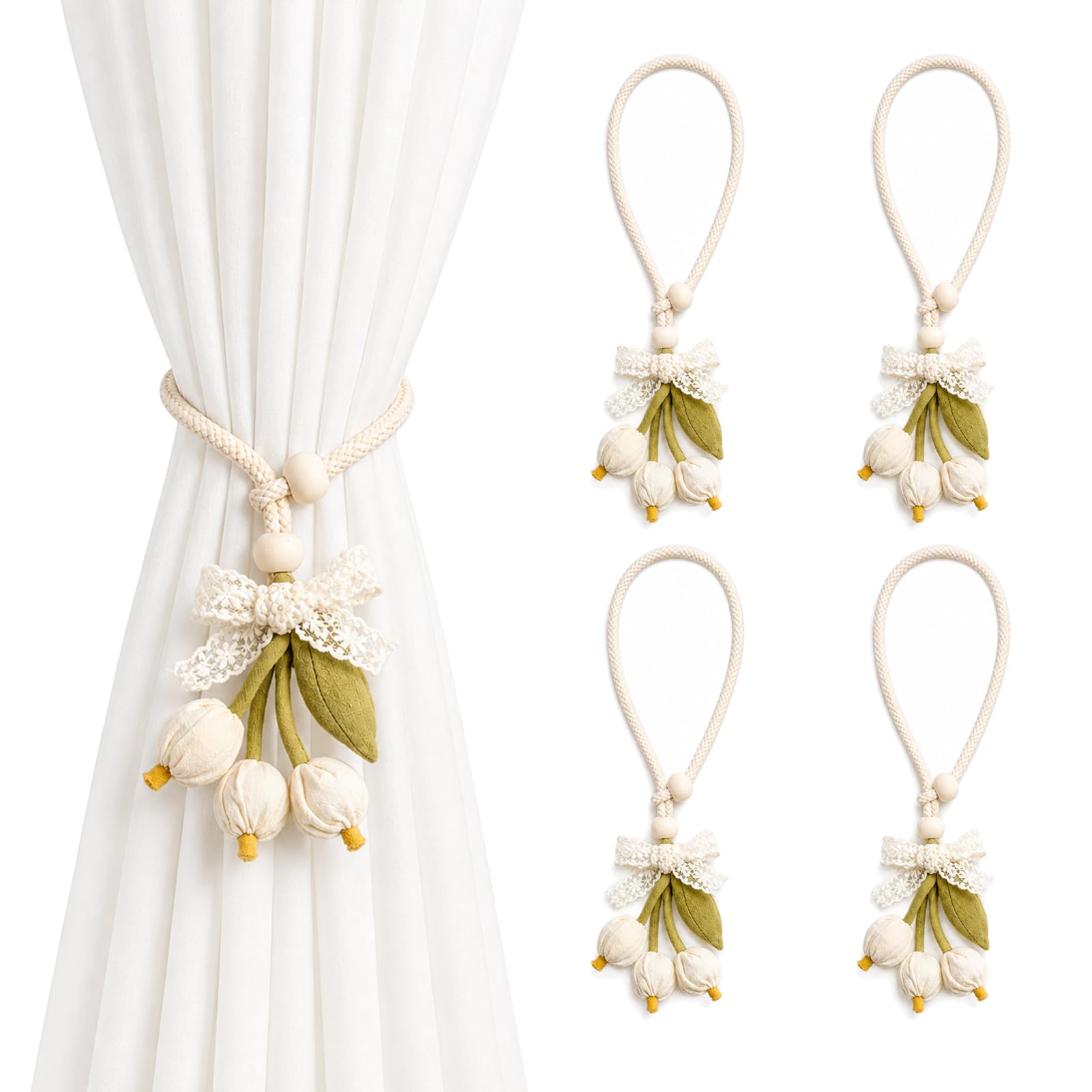 Floral Curtain Ropes 4 Pack Cream White Lace Wooden Beads Curtain Tiebacks for Living Room Bedroom Dining Room
