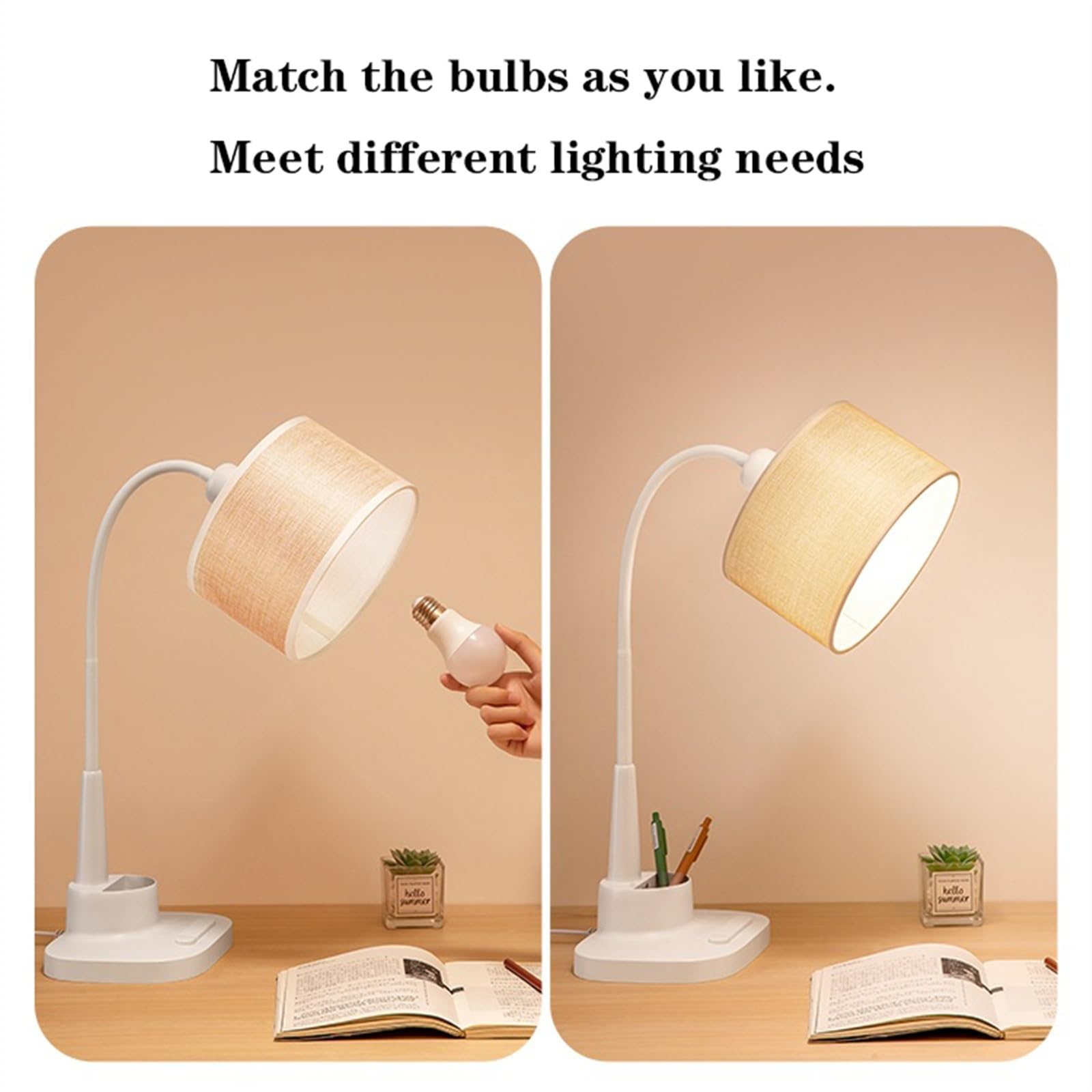 Lampa biurkowa Lampa biurkowa LED z abażurem tkaniny, regulowana w zakresie 360° lampa Lampka do czytania uchwytem na długopis i telefon, domowego biura, przewód zasilający 59"