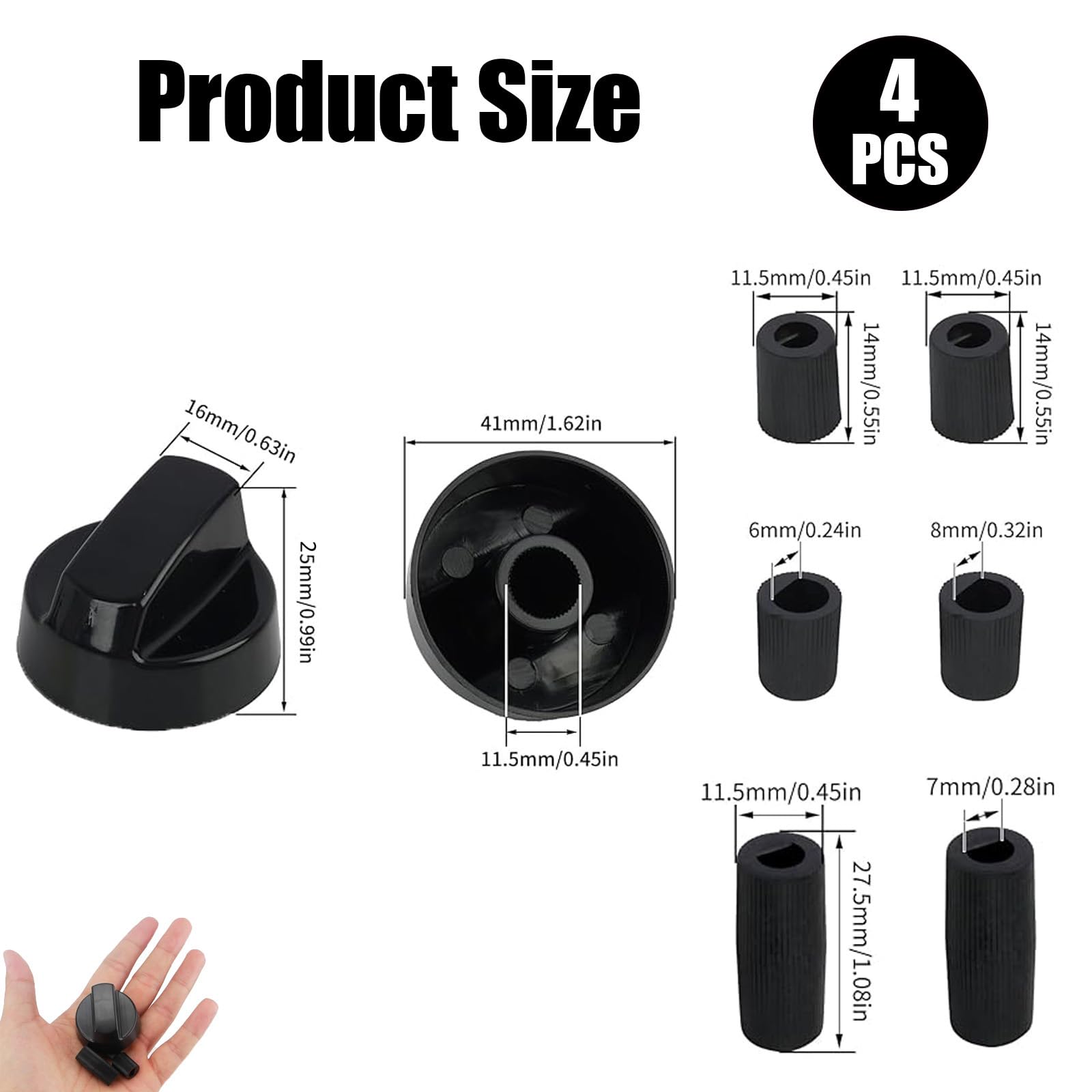 Boutons de Plaque de Cuisson Universels, Pack de 4 Boutons Rotatifs en Noir, Compatibles avec la Majorité des Plaques de Cuisson, Fours et Gazinières Électriques, Inclus 12 Adaptateurs - 3
