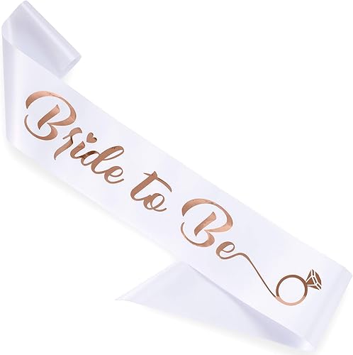 CORRURE Banda para despedida de soltera "Bride to Be", banda de satén blanco con letras de lámina de oro rosa, accesorios de decoración de despedida