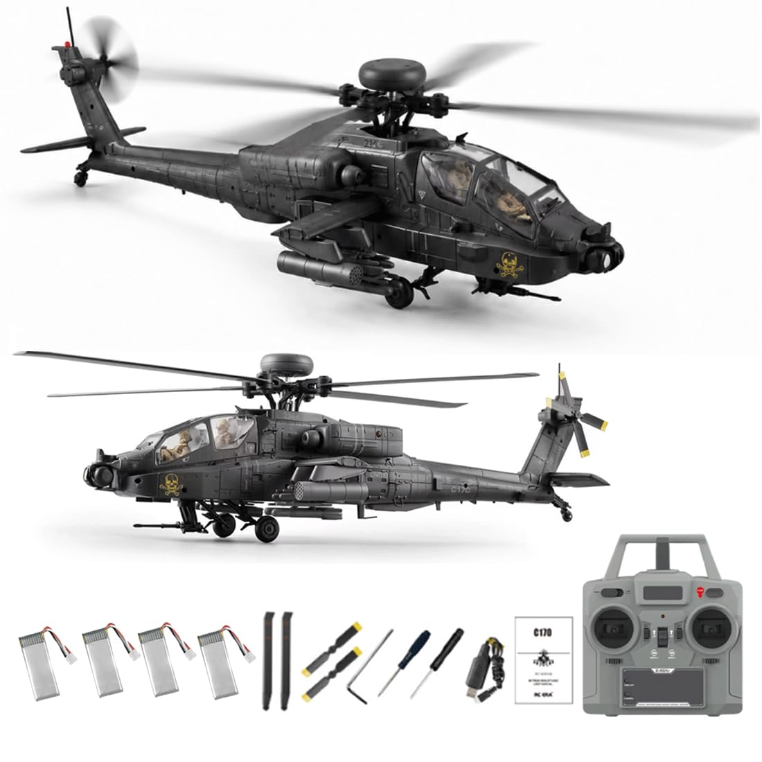 RC-ERA C170 1:48 AH-64D RC Militär Hubschrauber, 6-Kanal Flugzeug Mit Optical Flow Positionierung, Brushless Antrieb Höhenhaltung, Inverted Flight Fernsteuerung Helikopter –4 Akku/Dunkelgrau