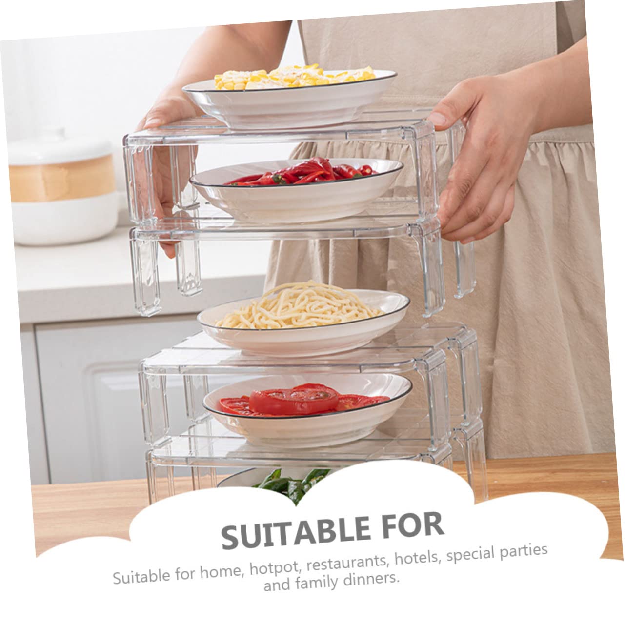 Juego de 2 estantes transparentes apilables para almacenamiento de placas de refrigerador, estantes organizadores para congelador y armario de refrigerador