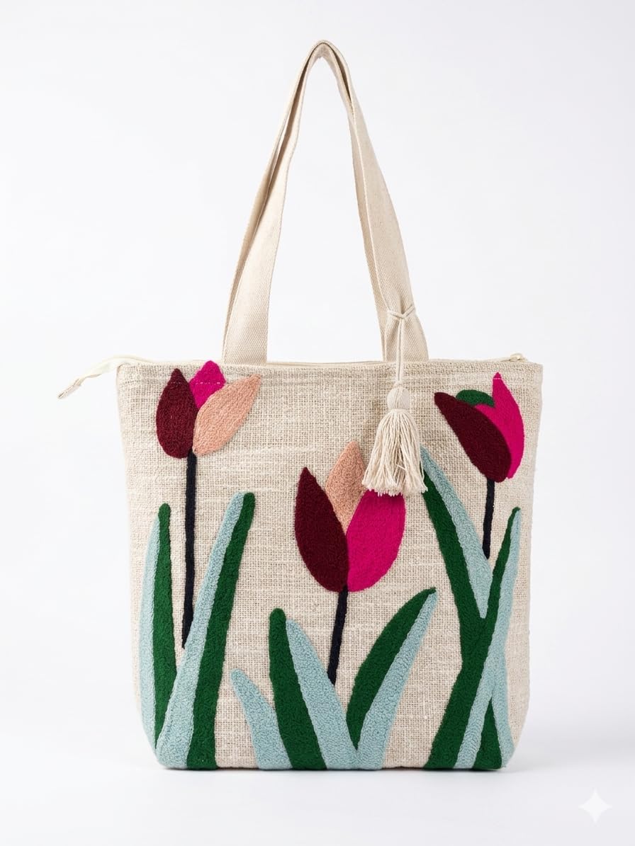 wisdom decor Hand-Embroidered Cotton Slub Tote Bag for Women | Premium Shoulder Bag with Zipper Closure & Tassel Accent | Eco-Friendly Shopping, Travel & College Handbag-picture-27