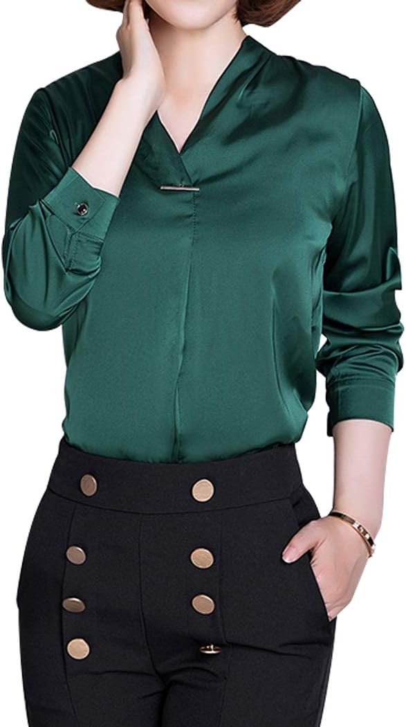 Women Casual Silk Chiffon Blouse Long Sleeve Solid Color V Neck Tunic Shirt