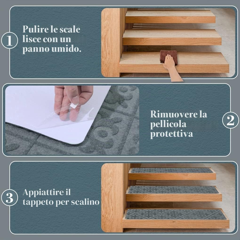 Arthome Tappeti per Scale 15 Pezzi 20x76cm per Gradini Legno, Tappetini Antiscivolo Sicurezza per animali domestici, anziani e bambini, Adesivi Antiscivolo per Moquette (Grigio Goffrato)