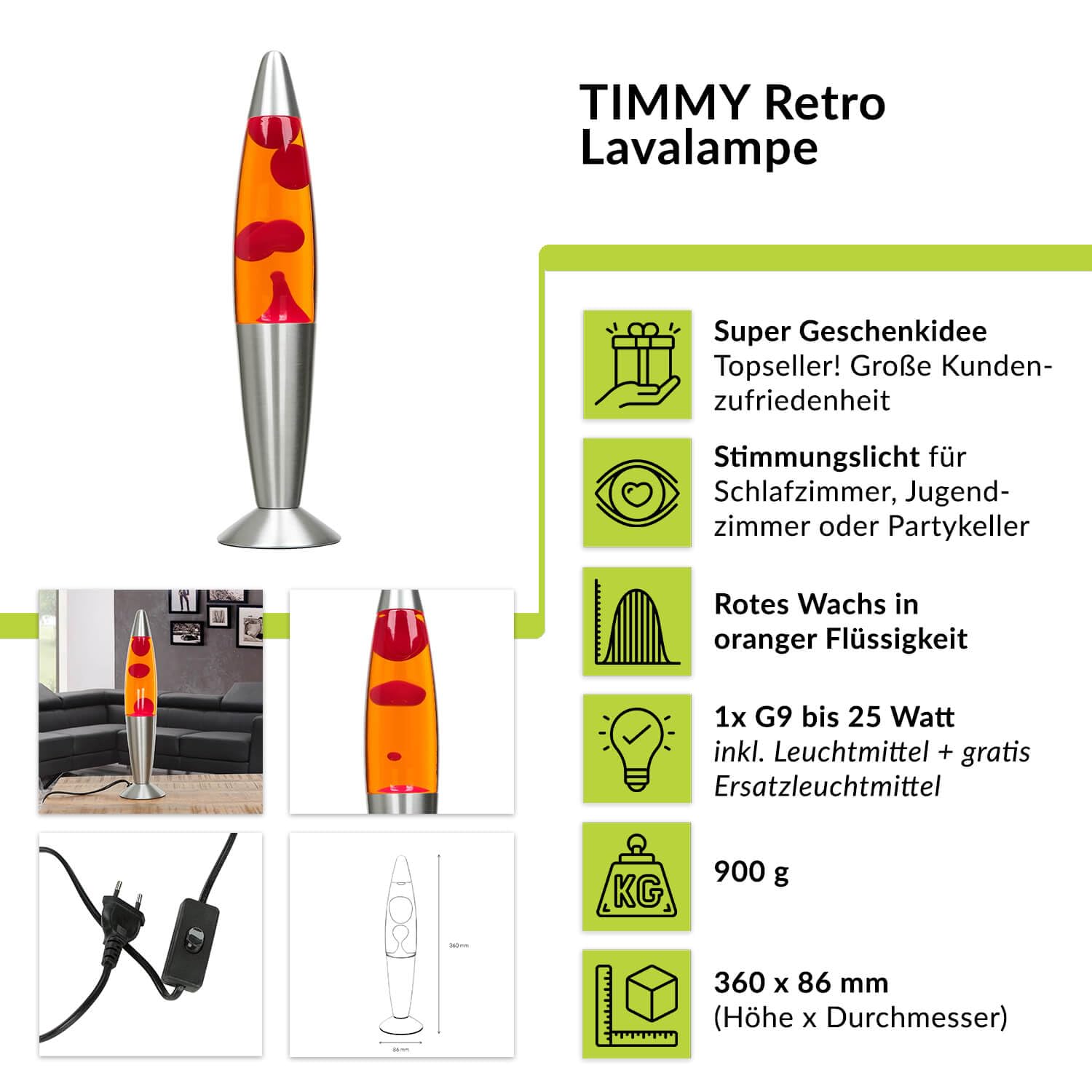 Moderne Lavalampe Orange Rot, klein, 36 cm, G9 25 W mit Kabelschalter, inklusive Leuchtmittel, Geschenkidee Weihnachten, Warm, Aktiv, Retro Lampe
