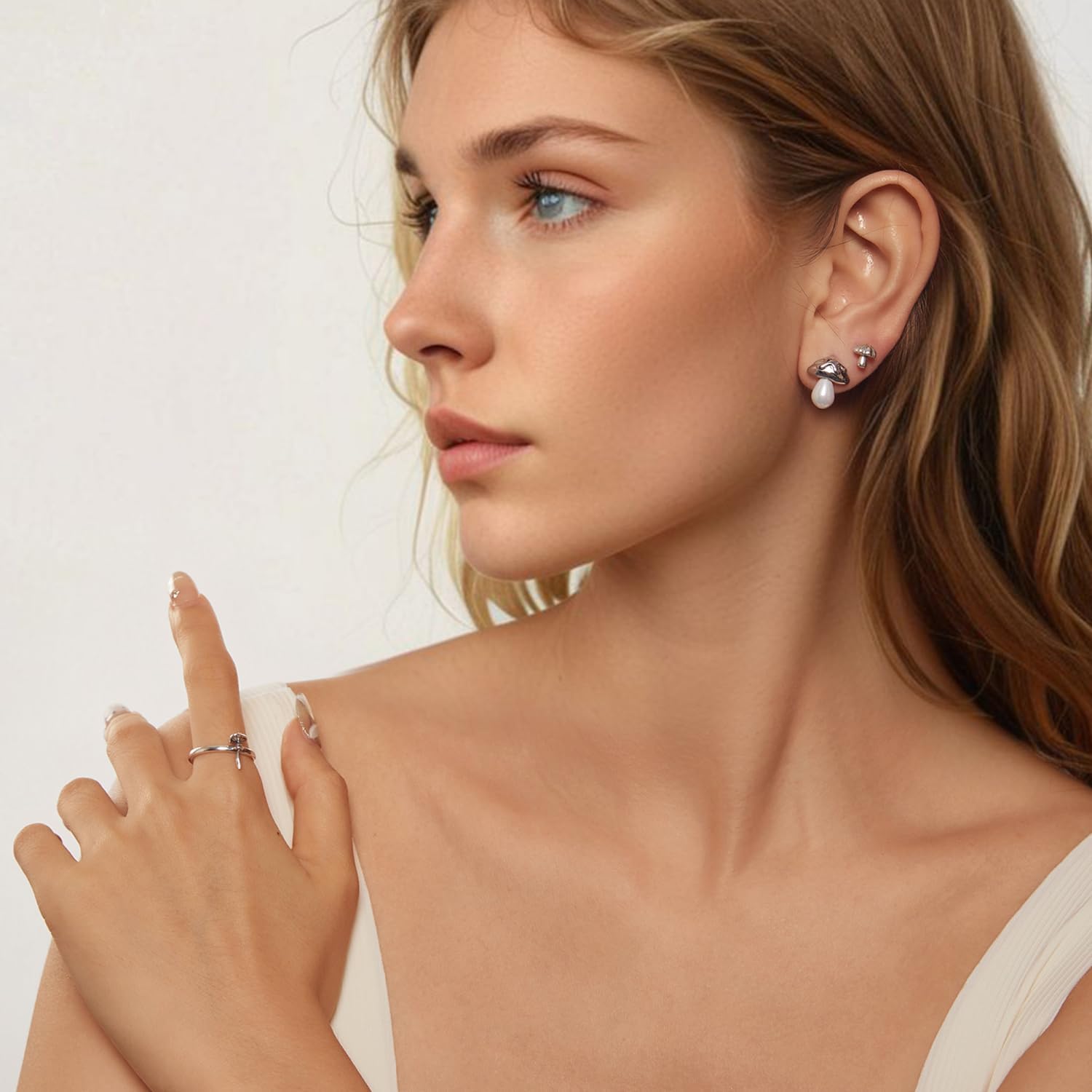 Shysnow Mushroom Earrings for Women 925 Sterling Silver Small Cute Freshwater Pearl Mushroom Stud Earrings Mushrooms Accessories Jewelry - Image 6