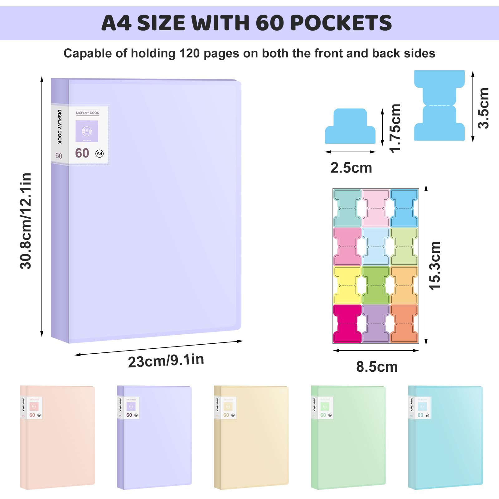 300 Pockets A4 Display Folders, 5 Pack 60 Pockets A4 Display Book with Plastic Sleeves, Document Clear Folders, Safety Presentation Folders for Schools, Offices & Individuals (5 Colors 60 Pockets) - Image 2