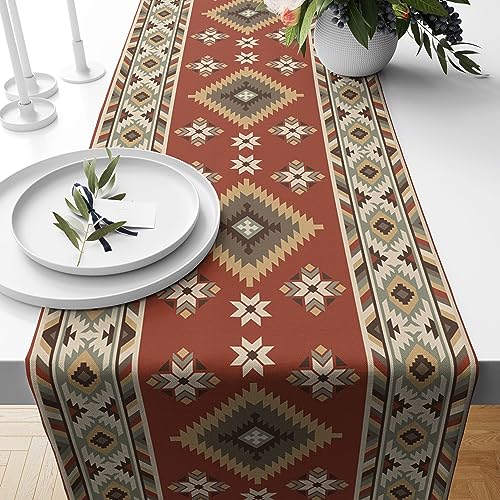 Image of Aztec Table Runner Vintage Tribal Boho Western Southwestern Native American Runner for Kitchen Table Dining Room Coffe 13x60 inch