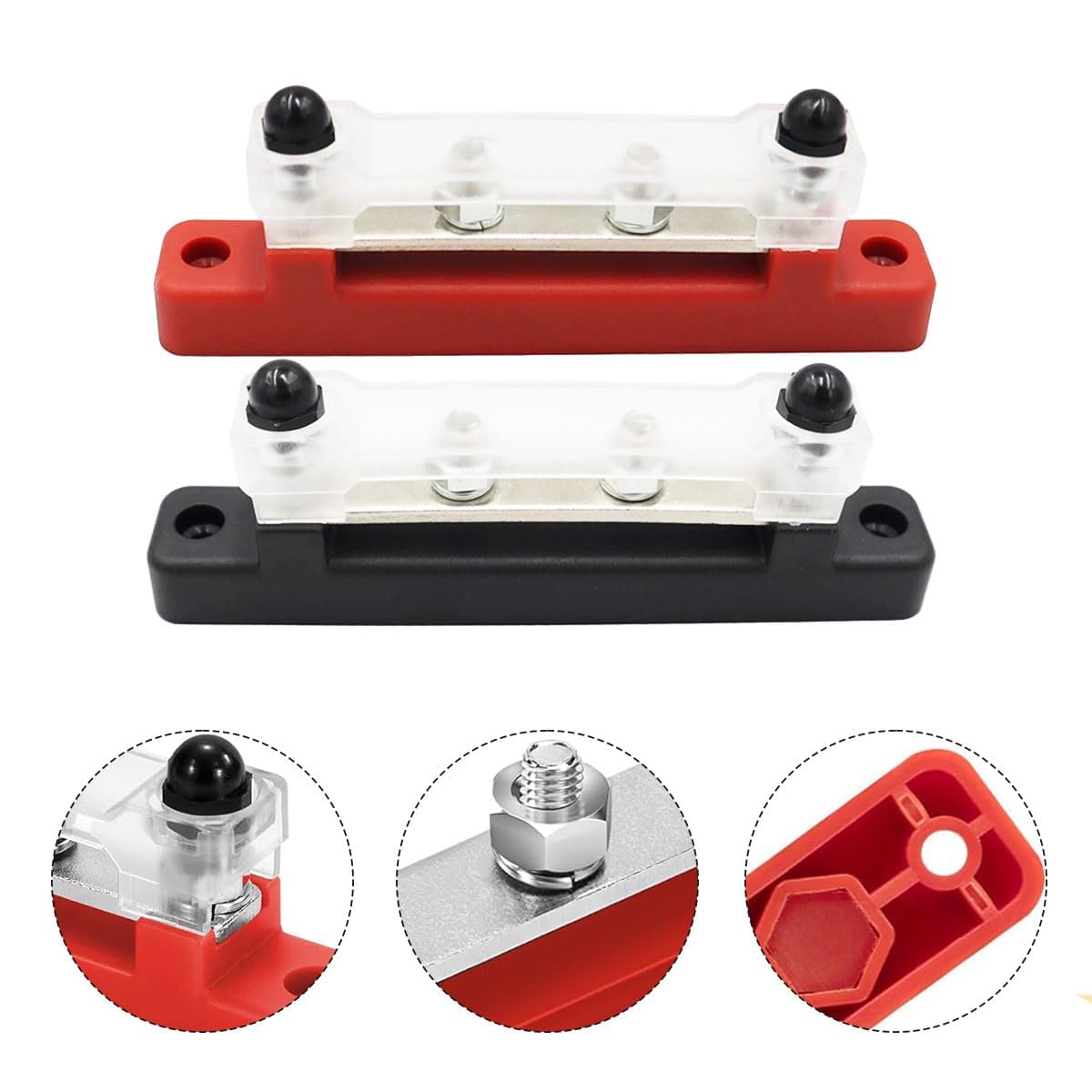 Alrens 2 sztuki szyn zbiorczych 12 V-48 V DC, blok rozdzielczy, szyna zbiorcza 150 A, blok rozdzielaczy 2-drożny z bolcem łączącym M6, do samochodów osobowych, ciężarowych, jachtów, czerwony, czarny,