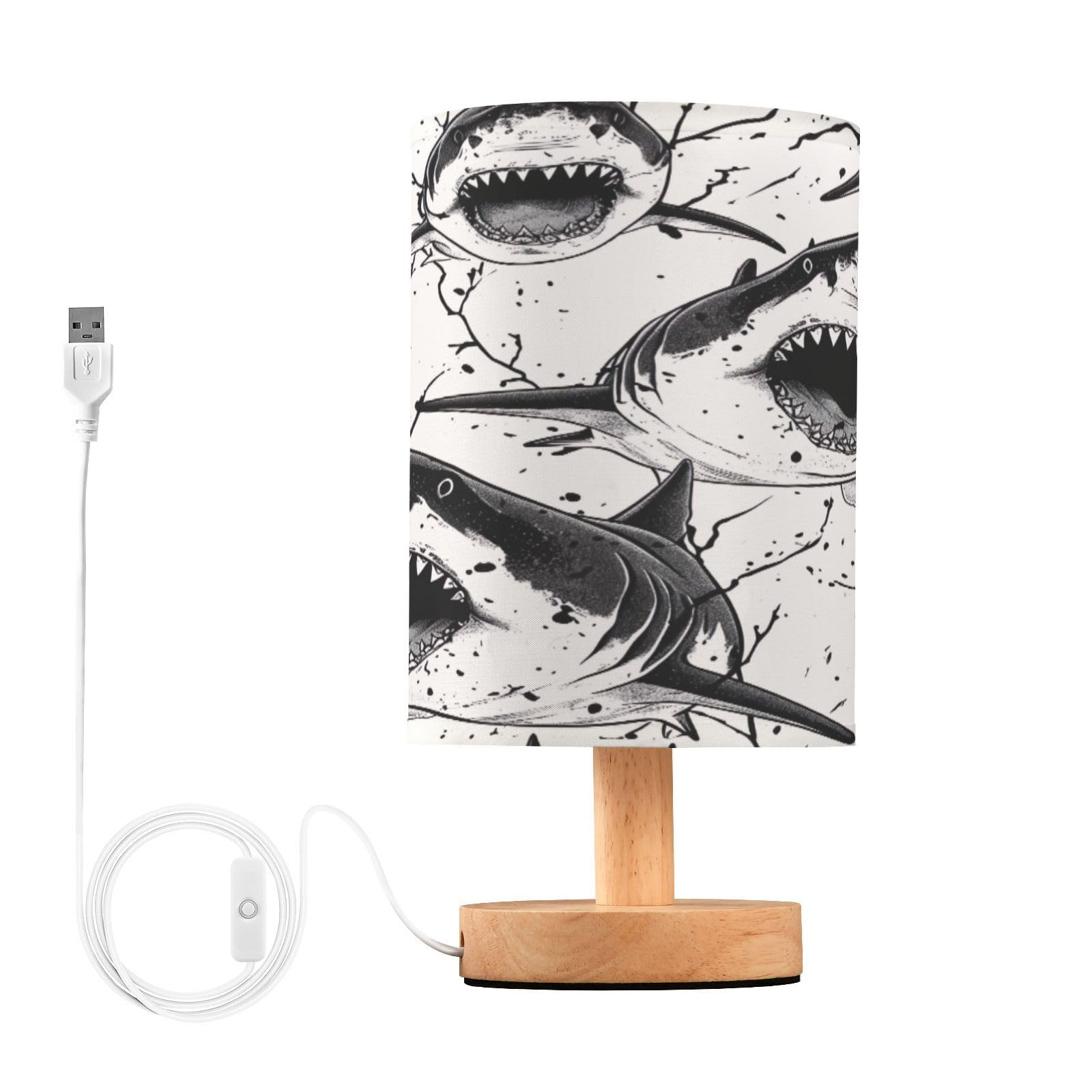 SDMKA Shark Pattern Bedside Table Lamp for Bedroom, Minimalist Nightstand Lamp with Round Fabric Shade for Living Room, Office, No Bulb Required