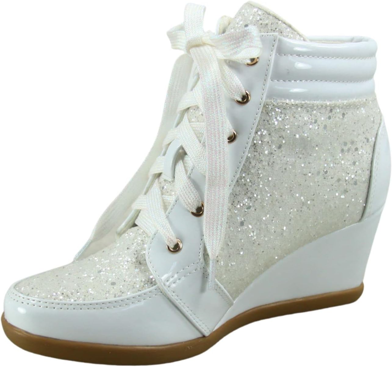 Forever LinkWomen's Fashion Glitter High Top Lace Up Wedge Sneaker Shoes
