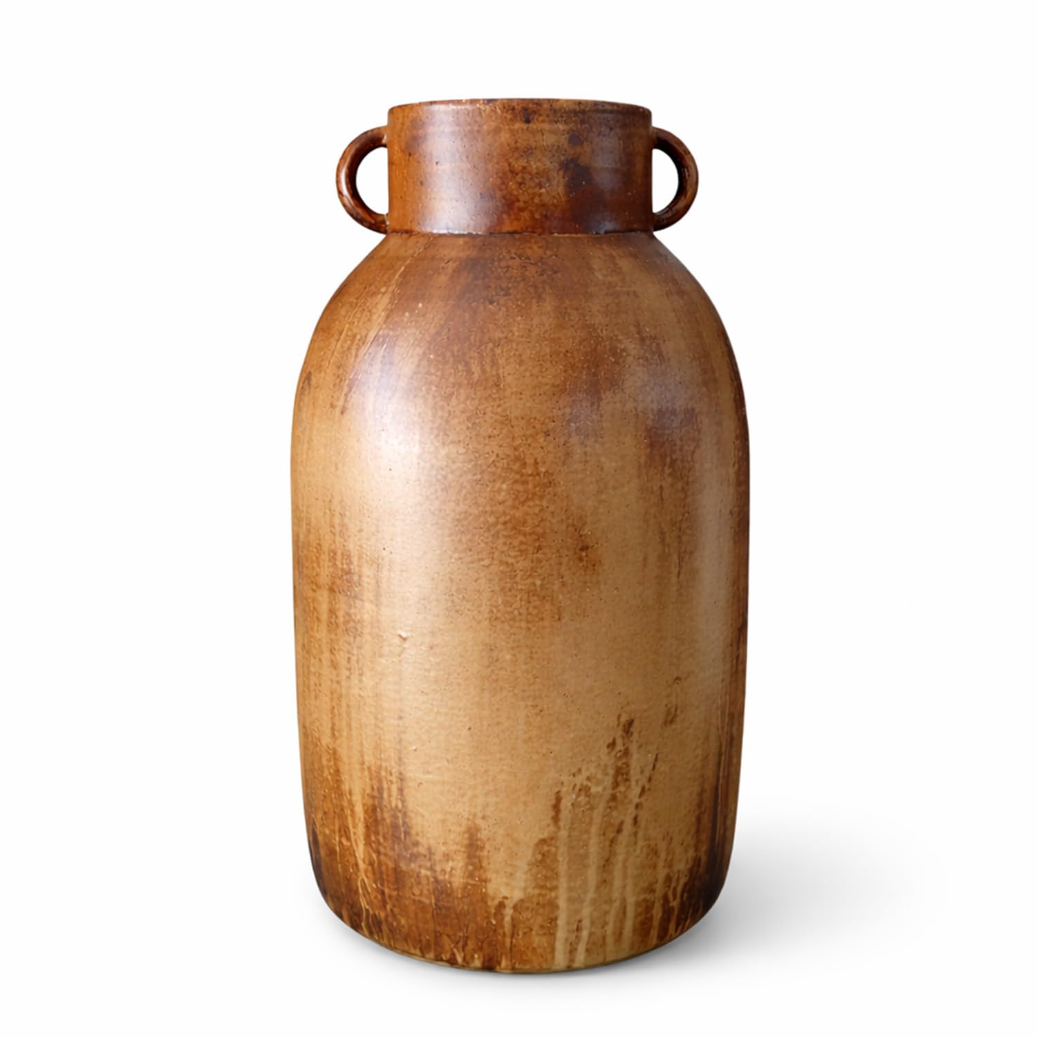 Jarrón Decorativo Artesanal Estilo Botella con Asas, florero rústico Vintage Efecto Barro Envejecido, Pieza cerámica Tonos Tierra para salón Comedor recibidor, Acento Farmhouse Boho mediterráneo