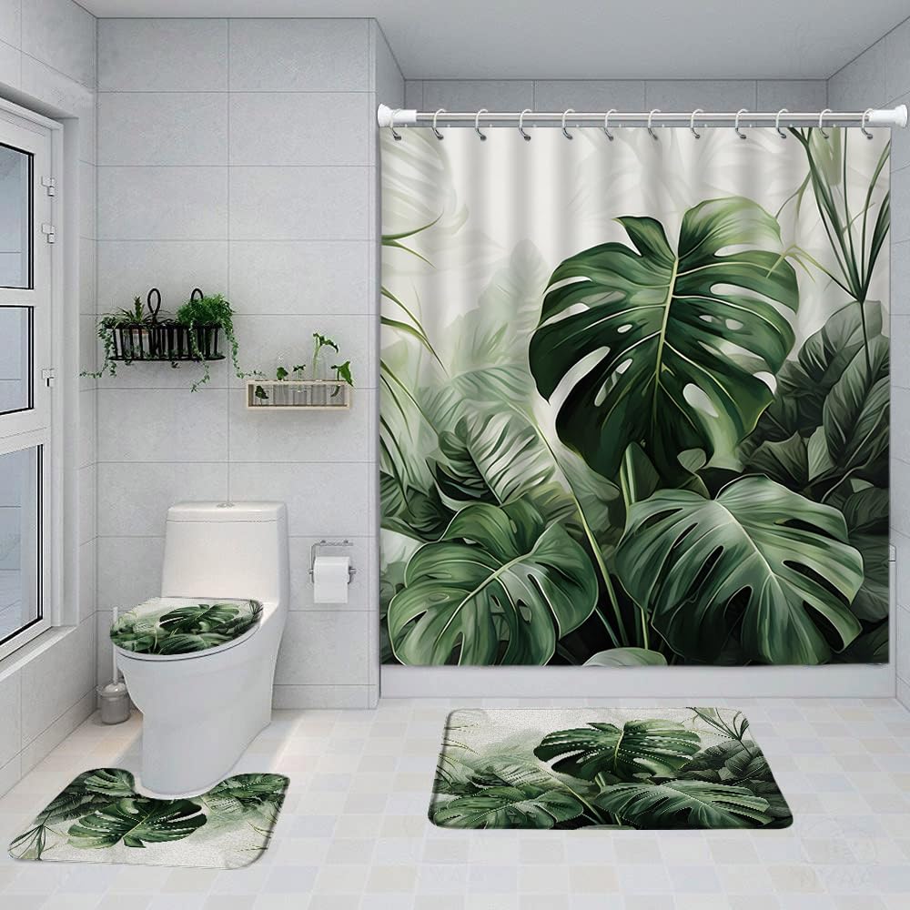 4 Pcs Palm Leaf Shower Curtain Set with Rugs,Toilet Lid Cover and Bath Mat,Tropical Plant Monstera Leaves Summer Hawaiian Botanical Bathroom Shower Curtain Set