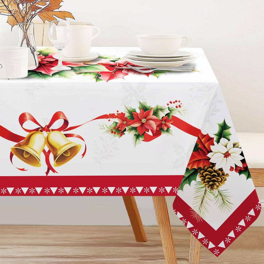 INFUNLY Christmas Flower Table Cloth Golden Bell Tablecloth Ribbon Holly Polyester Rectangle Table Cloths 60x90 Inches Holiday Floral Printed Table Cover for Xmas Dining Parties Home Decoration