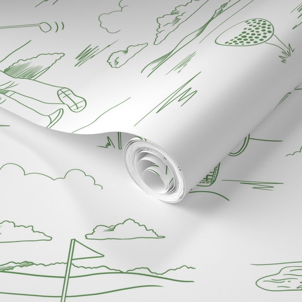 Removable Wallpaper 3ft x 2ft - Preppy Golfer Modern Toile Whimsical Father's Day Green and White Golf Clubs Tee Time Cart Course Custom Pre-Pasted Wallpaper by Spoonflower