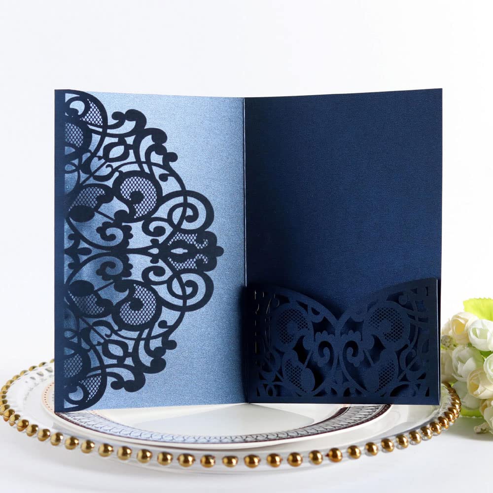 Delikatna romantyczna karta z zaproszeniem na przy Koperty - 50 sztuk zaproszeń czystych - personalizowane zaproszenia papierowe na przyjęcie zaręczynowe lub eleganckie zaproszenia(Blu,Blank)