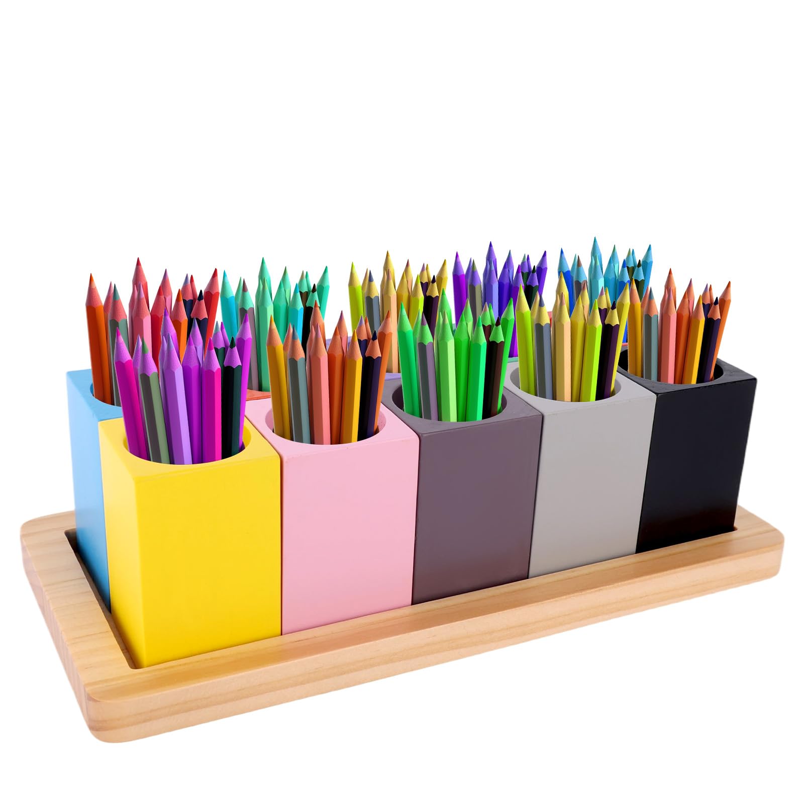 Porte-Crayons Couleur en Bois, Organisateur Bureau Montessori avec 10 Godets Colorés pour Ranger Marqueurs Crayons Stylos Maison Bureau à l'École (Crayons Non Inclus)