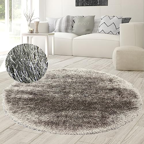 Teppich-Traum Runder Wohnzimmerteppich Schlafzimmerteppich Langflor weich Glitzer Grau 120 cm Rund