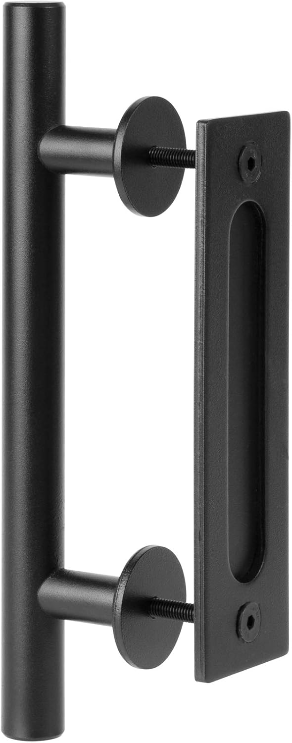 HILLMASTER 12" Heavy Duty Sliding Barn Door Pull Handle Set, Rustic Pull and Flush Barn Door Pull Handle with Two-Side Design, Round Black Finish Door Hardware for Gate Garage Shed