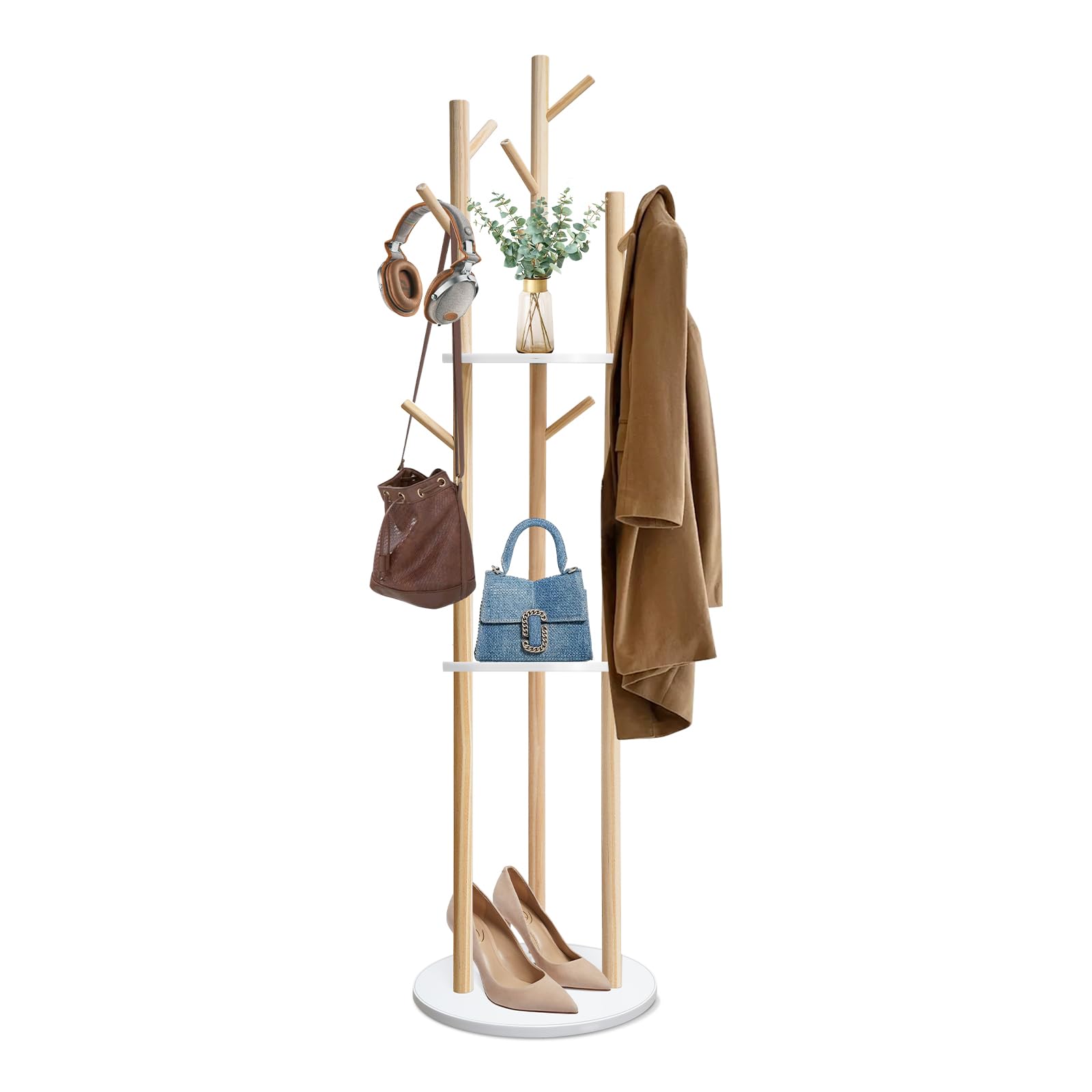 LIWSHWZ Wood Coat Rack,Coat Tree Freestanding Heavy Duty with 9 Hooks and 3 Shelves, Gold Coat Stand for Hats, Bags, Coats, for Entryway Hallway Bedroom Office Natural