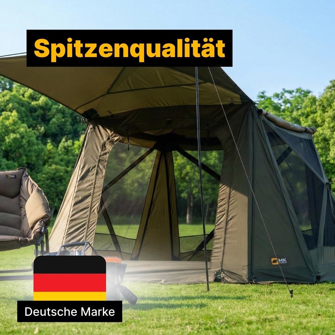 MK Angelsport Cooker Social Roomer Küchenzelt – Angelzelt & Camping Pavillon mit 10.000mm Wassersäule, Stahlrahmen, Panorama Fenster, 3x3m