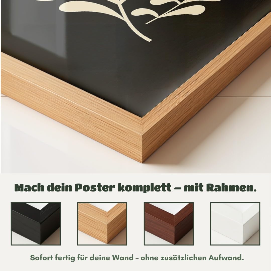 MJ-GRAPHICS® Poster Blätter Kunstdruck minimalistisch Wandbild Beige Wohnzimmer Deko modernes Design Pflanzen Wohndeko inspirierende Wanddeko elegantes Flair A2 mit schwarzem Rahmen