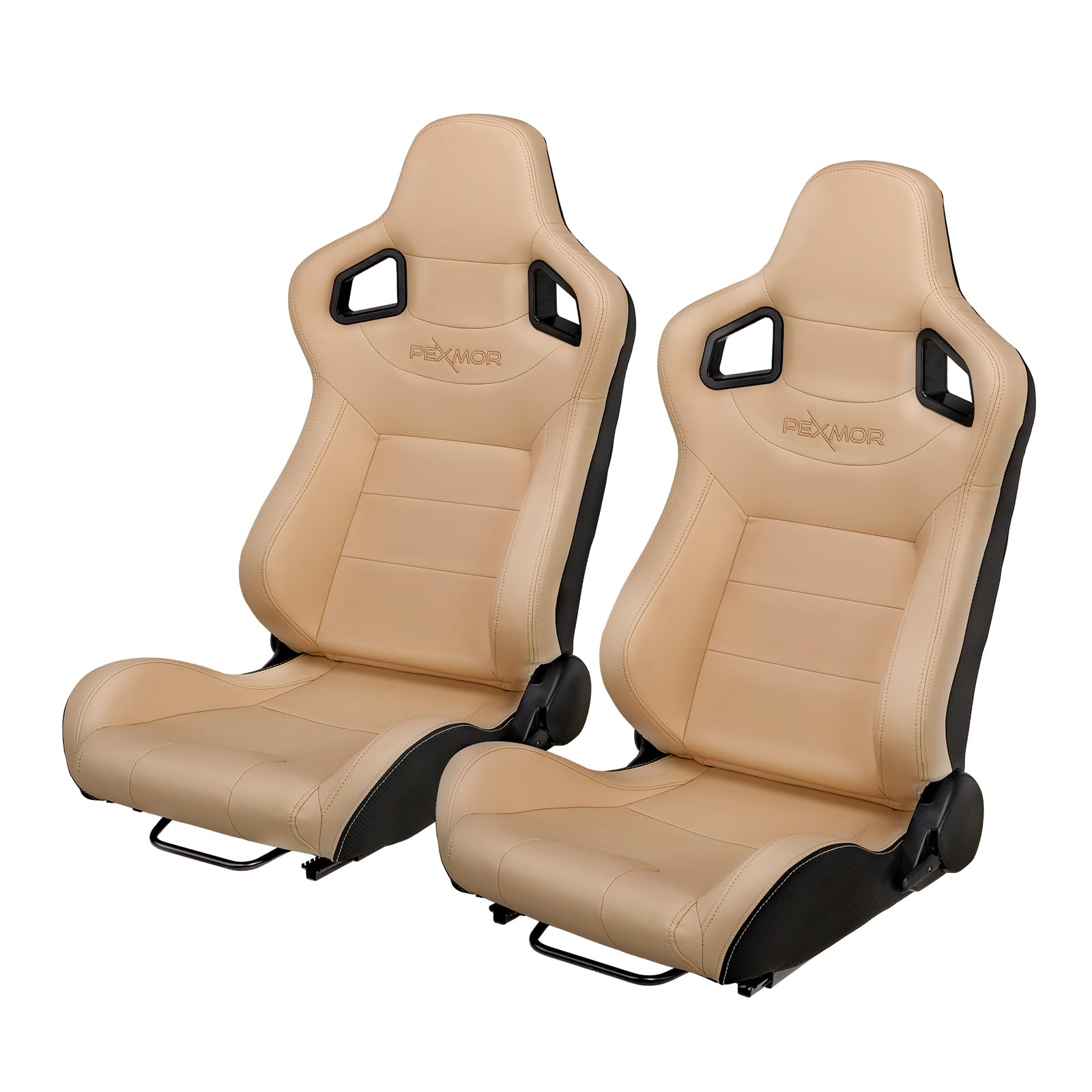 PEXMOR 2 Pcs Reclinable Universal Racing Bucket Seats w/Dual Slider, PU & Carbon Leather Adjustable Race Seats for Cars, Driver and Passenger Side, 21.5" W X 21.5" D X 38"H (Creamy White)
