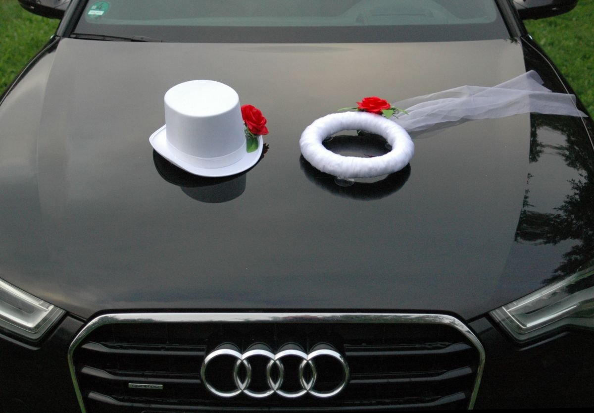 Autoschmuck Velo e Cappello Auto Gioielli Sposa Coppia Rose Decorazione Matrimonio Car Wedding Decorazione Auto (Rosso/Bianco)