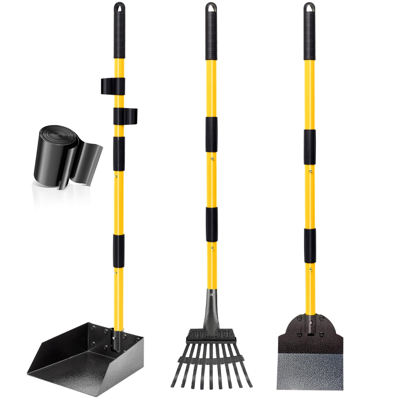 CJYMMFAN - Set per la raccolta degli escrementi, vassoio, rastrello e pala per cani con manico lungo in metallo regolabile, robusta pala per escrementi con sacchetti per rifiuti per il cortile, le