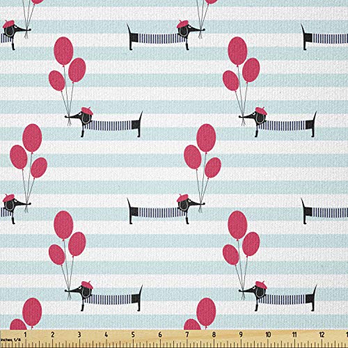 Image of Ambesonne Dachshund Fabric by The Yard, Beret and Shirt Wearing Dog Holding Balloons on Stripes Background, Stretch Knit Fabric for Clothing Sewing and Arts Crafts, 2 Yards, Vermilion Pale Blue