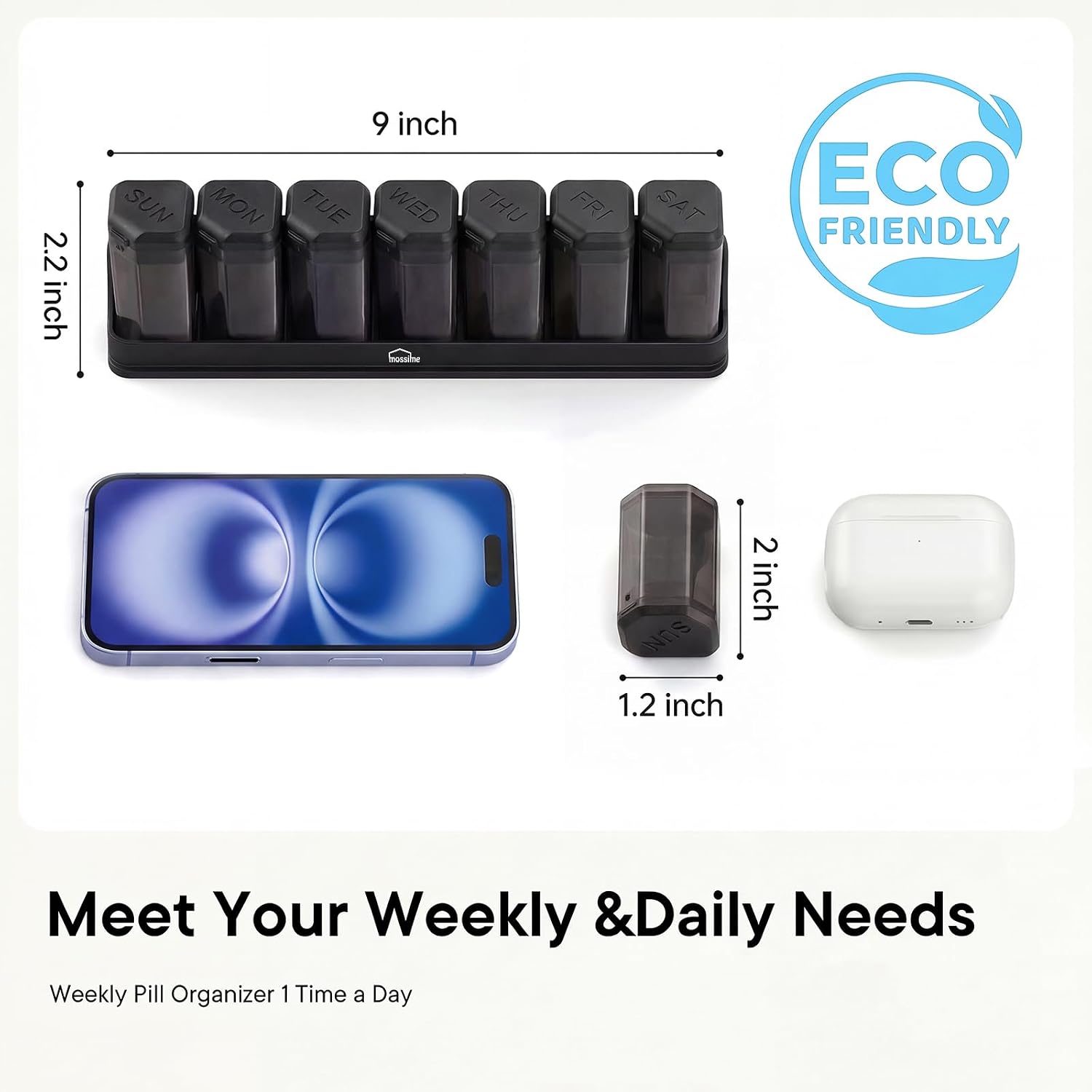 Medium-Large Weekly Pill Organizer 1 Time a Day, 7 Day Pill Box, Black, 2P image 2