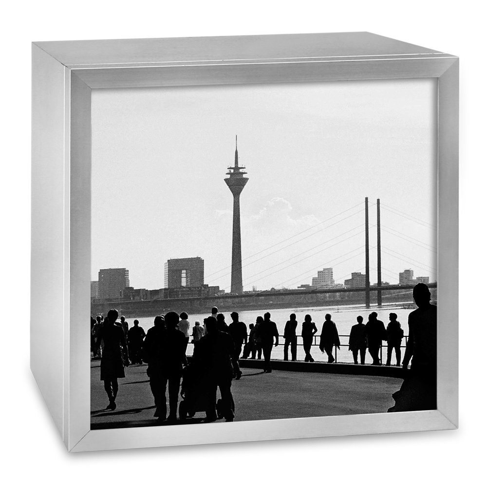 Kaseton z aluminium: motyw promenady Nadrenii Düsseldorf, w formacie 37 x 37 cm - oryginalny pomysł na prezent do mieszkania lub jako pamiątka z Düsseldorfu