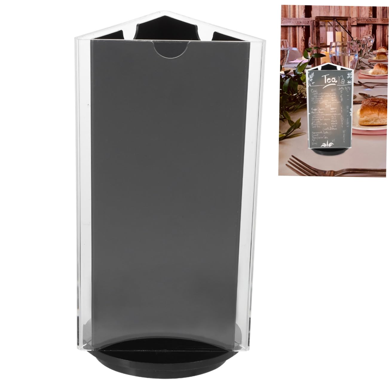 Porta Tarjetas Diseño Giratorio 360° para Mesa de Acrílico y Excelente Acabado Base Estable Adecuado para Exhibir Menús, Precios o Letreros en Banquetes y Mostradores